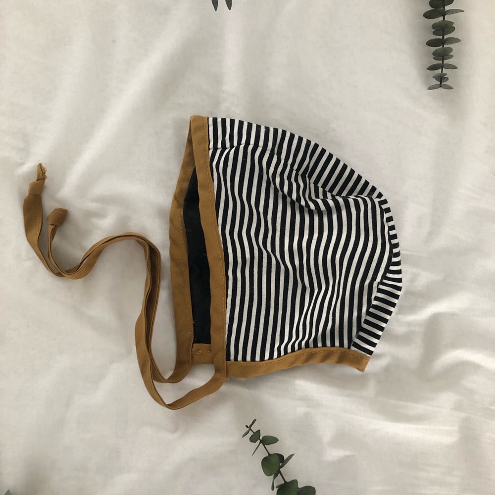 Striped baby bonnet black mustard linen